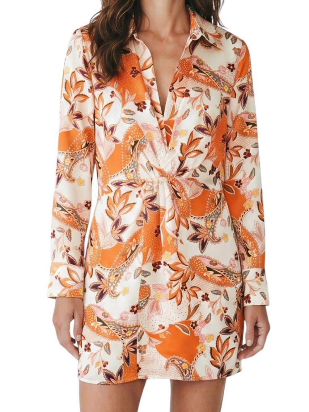 SWEET LEMON Orange Floral Collared Long Sleeve V-Neck Mini Dress - Size Small